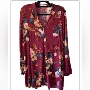 Charlie O. Maroon Floral Print Long Sleeve Knee-length Dress